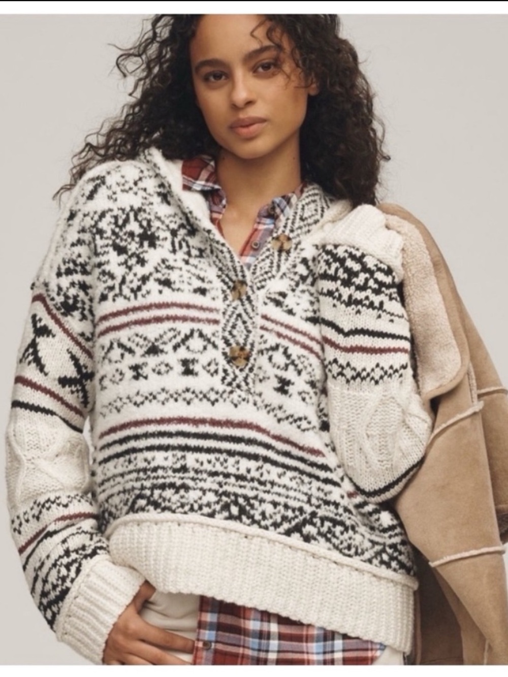 NWT Anthro Pilcro Relaxed Fair Isle Wool blend Hooded Warm Cozy Sweater S